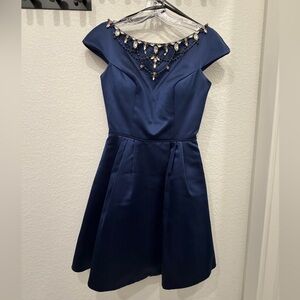 Elegant Blue Dress with Jewel Neckline